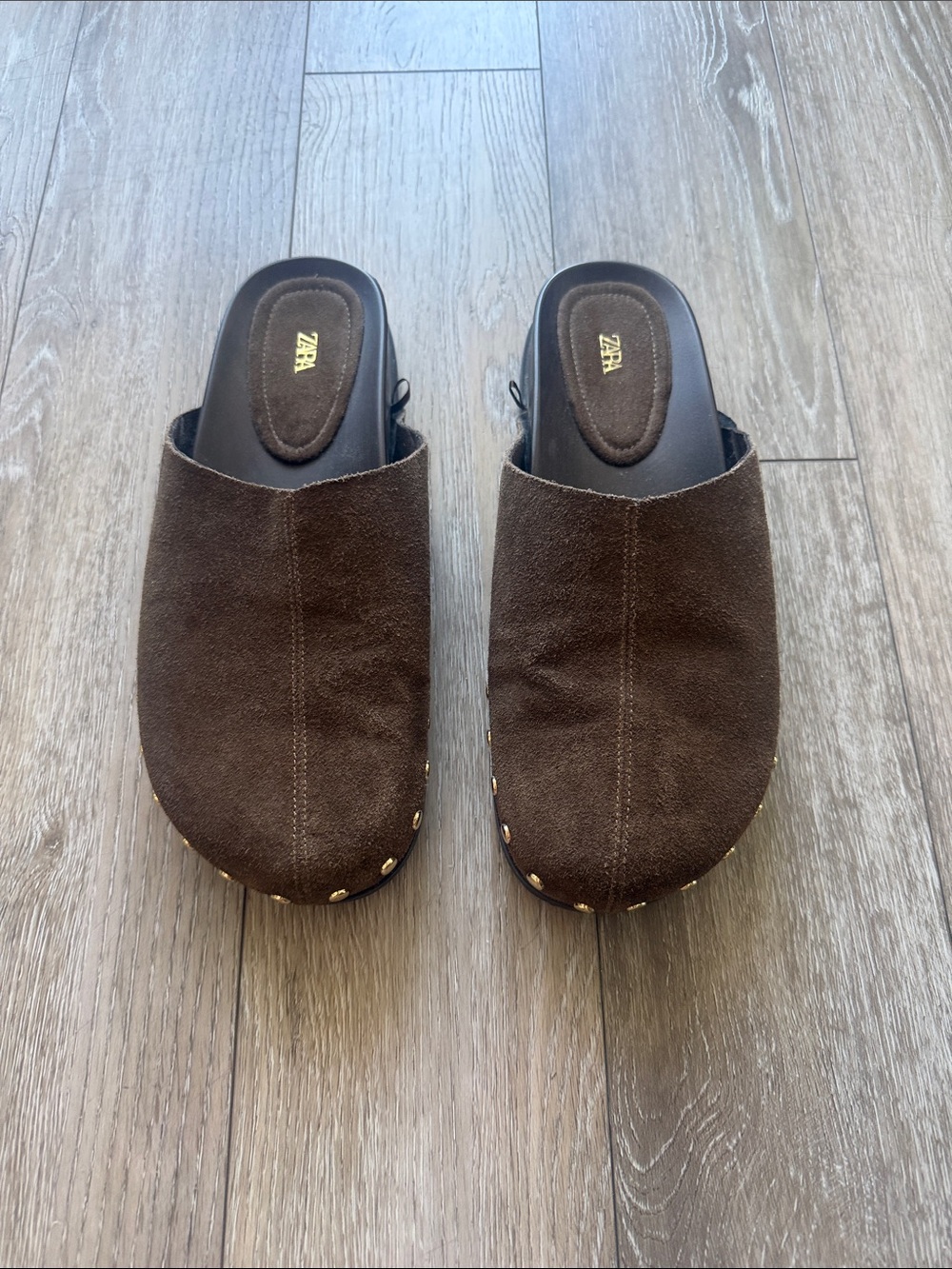 Zara Women's Dark Brown Suede Slip-On Clogs with Stud Accents